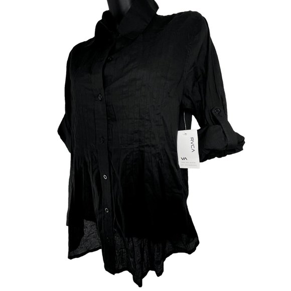 RVCA Shirt Button Down Black Sheer Light Pleated Long Sleeve Shirt Womens Small - Picture 2 of 8